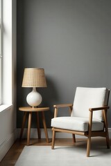 Minimalist gray living room with wooden table and rattan lamp Elegant home decor , rattan lamp, neutral, apartment