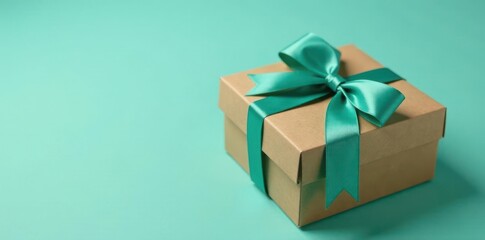 Obraz premium Matte teal bow tied atop a simple kraft gift box , simple, teal bow