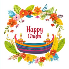 Happy Onam Floral Wreath Boat Festival Greeting Card Design