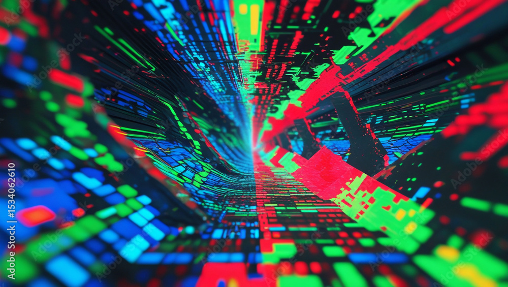 Poster abstract tunnel with red green and blue lights creating a digital futuristic perspective view effect