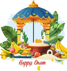 Festive Onam celebration with vibrant flowers, fruits, and traditional decorations