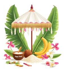 Festive Onam celebration with banana leaves umbrella rice coconut flowers