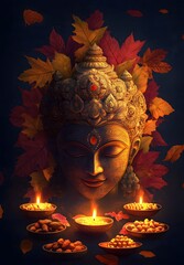Serene Goddess statue amidst autumn leaves and glowing Diwali lights