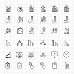 Collection of hand drawn style data analysis and business report icons representing financial information
