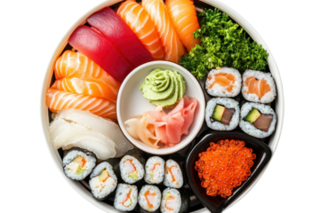 Exquisite sushi platter featuring fresh wasabi, pickled ginger, and a variety of flavorful rolls, ready to be enjoyed at a modern dining setting for an authentic Japanese culinary experience