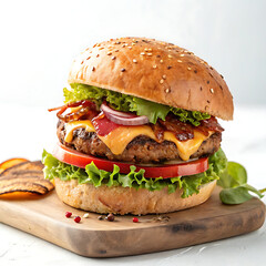 Juicy Bacon Cheeseburger on Wooden Board Gourmet Burger Recipe