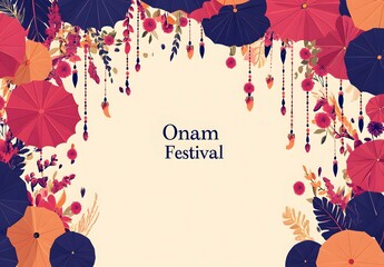 Vibrant Onam Festival floral design with umbrellas