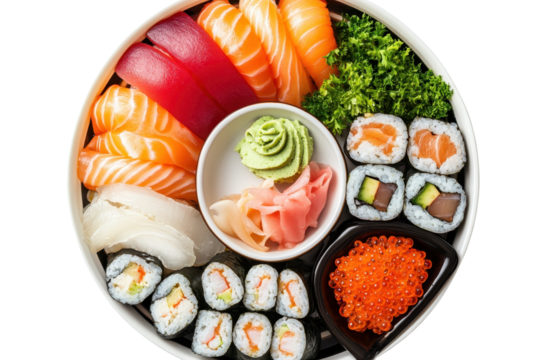Exquisite sushi platter featuring fresh wasabi, pickled ginger, and a variety of flavorful rolls, ready to be enjoyed at a modern dining setting for an authentic Japanese culinary experience