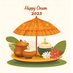 Happy Onam 2025 Greeting Card Festive Indian Umbrella Candles Flowers Pot
