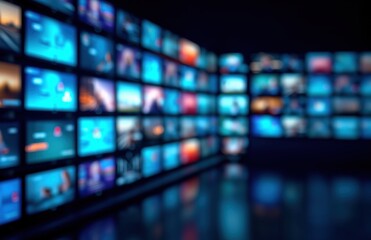 Fototapeta premium Vibrant media wall showcasing multiple digital screens displaying live news broadcasts, streaming services, and futuristic TV advertisements with dynamic network technology integration​