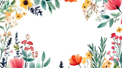 Watercolor floral border design with various flowers and plants.