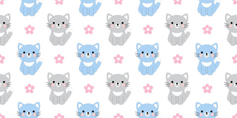 Cute kitty isolated on a white background. Seamless pattern under clipping mask, convenient for editing. The background color can be easily replaced. Childish background for paper, cover, textile.