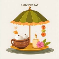 Happy Onam 2025 Festive Kerala Sweets Umbrella Candle Flowers