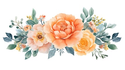 Delicate arrangement of peach and orange flowers and foliage.