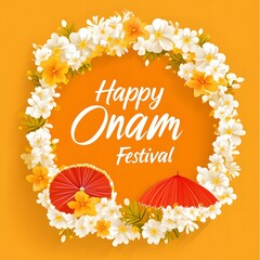 Happy Onam Festival Floral Greeting Card Design with Flowers and Umbrella