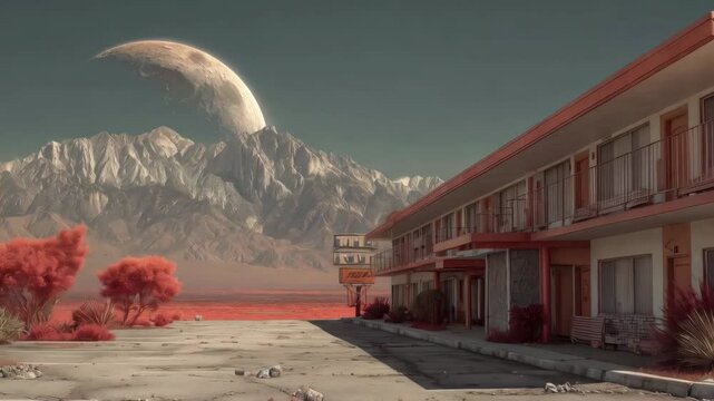 Mysterious landscape with surreal mountains and a bright moon near an abandoned motel at sunset