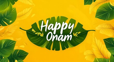 Happy Onam Tropical Leaves Greeting Card Design