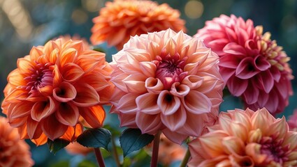 Stunning close up of colorful dahlia flowers in shades of orange and pink blossom