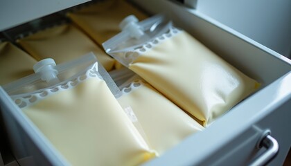 Breast milk storage bags in refrigerator