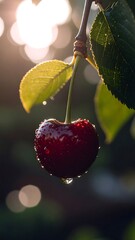 Ripe Cherry Hanging on Tree Stem with Morning Dew and Sunlight. AI Generated
