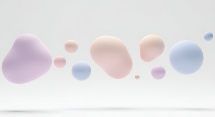 Several pastel-colored amorphous shapes, resembling blobs of liquid, float on a dark surface, creating a minimalist abstract art composition. 