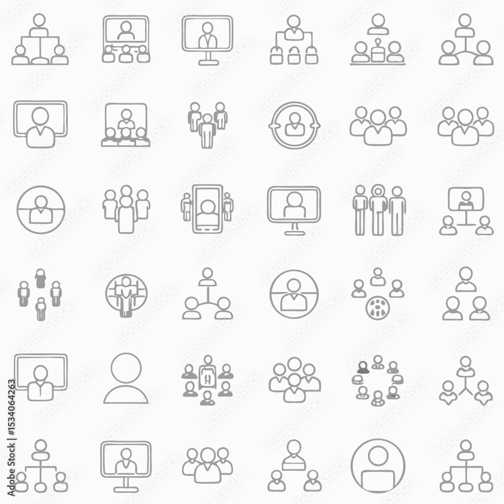 Poster illustration of various organizational structures and communication methods with people and screens 