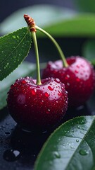 Close-Up of Fresh Dew-Covered Cherries with Green Leaves. AI Generated