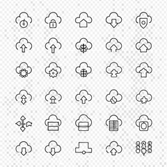 A collection of twenty five cloud computing icons with different symbols and variations in a grid format
