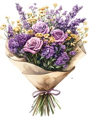 Delicate bouquet of roses and lavender.