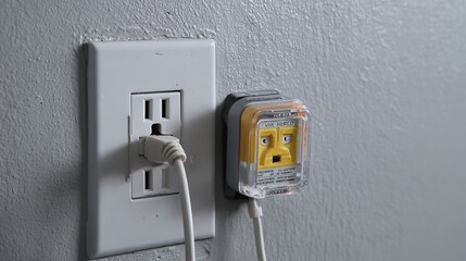 White outlet with plug and gfci tester plugged into another outlet on a gray textured wall