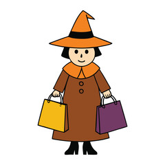 A stylish witch struts with shopping bags in hand, her pointed hat tilted just right—spells and sales in perfect balance on a magical shopping spree!
