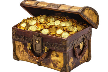 Treasure box overflowing with gold coins displayed on a white background emphasizing wealth and adventure in a fantasy setting