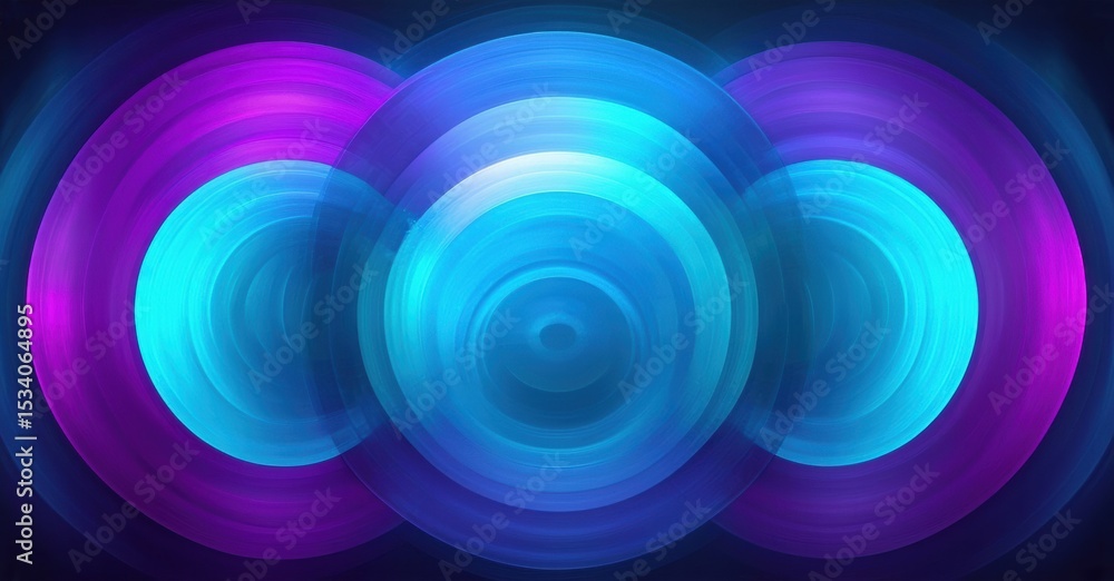 Poster Abstract circles radiate vibrant blue, purple hues. Concentric rings create dynamic visual effect against dark background. Smooth gradients define shapes.