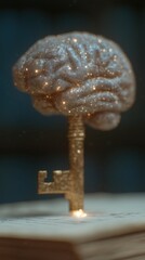 In a mystical dark library, a radiant key inserted into a book bursts forth light, unveiling a starry brain, symbolizing the power of education