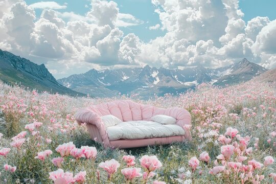 This surreal image features a pink sofa placed in a vibrant field filled with blooming flowers, set against a majestic mountainous backdrop, creating a dreamlike setting.