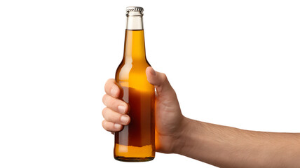 Hand firmly gripping a chilled beer bottle isolated on background presenting refreshment and celebrating beverages
