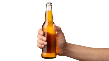 Hand firmly gripping a chilled beer bottle isolated on background presenting refreshment and celebrating beverages