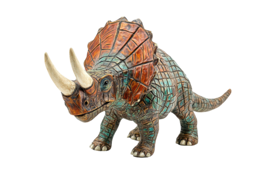 Triceratops sculpture displayed against a white background showcasing intricate details of a prehistoric creature