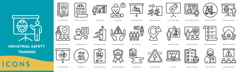 Industrial Safety Training icon set. Safety Training Manual, Protective Gear Instruction, Fire Drill Practice, First Aid Training, Hazard Recognition Course and Emergency Response Drill