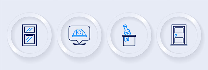 Set line Closed door, Paint bucket with brush, Worker safety helmet and Hammer and wrench spanner icon. Vector