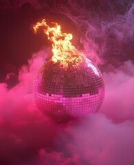 This vibrant image features a disco ball engulfed in flames, surrounded by dramatic pink and purple smoke effects, creating a bold and captivating atmosphere ideal for party-themed visuals.