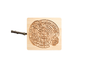Phaistos Disc Inspired Carving on Wooden Square with Branch Detail