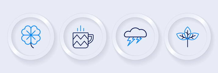 Set line Winter hat, Cloud and lightning, Cup of tea and Four leaf clover icon. Vector
