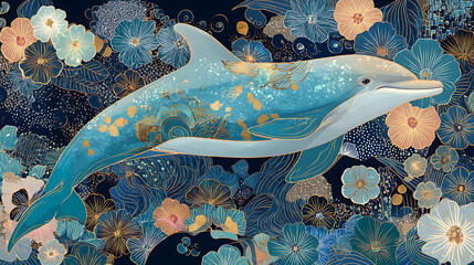A vibrant dolphin swimming gracefully amidst a floral backdrop, showcasing nature's beauty