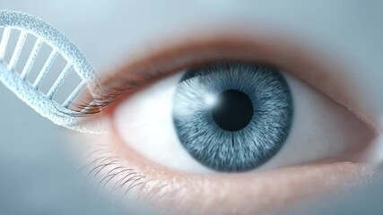 Genetic Gaze: An intense close-up unveils the mesmerizing details of a captivating blue eye, interwoven with an evocative DNA strand. - Powered by Adobe