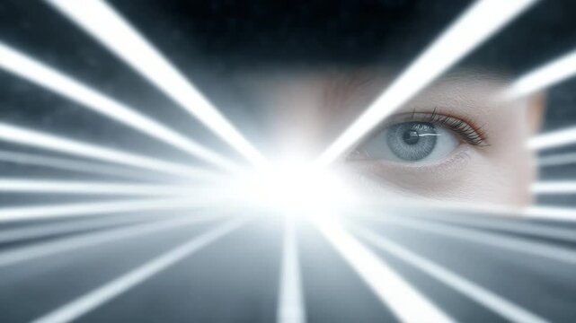 Gaze into the Future: An eye is highlighted by radiating lines of light, embodying an intense focus and deep contemplation, representing a symbol of vision and insight.