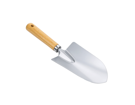 Polished Silver Trowel with Smooth Wooden Handle and Hanging Hole Detail