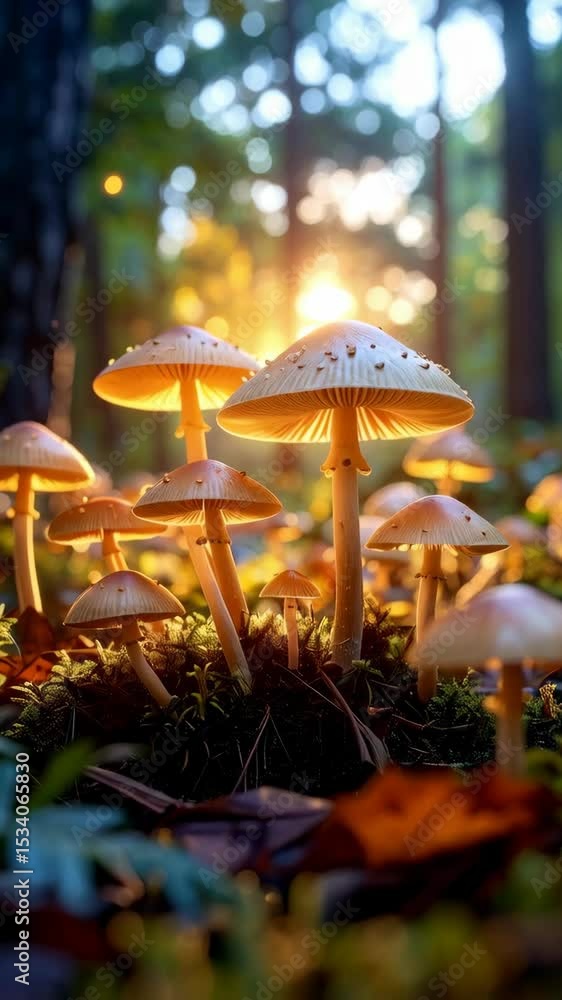 Poster illuminated mushroom cluster in a forest with brown capped fungi and filtered sunbeams shining throu