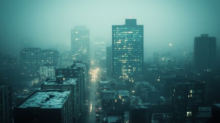 A misty city night, buildings shrouded in fog, with faint streetlights and car lights visible