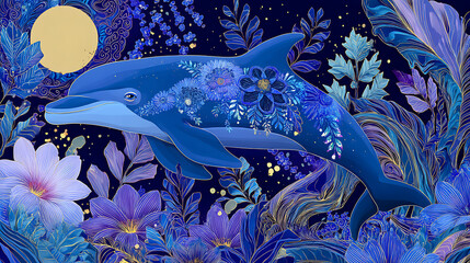 A vibrant dolphin swimming gracefully through a floral underwater paradise at night